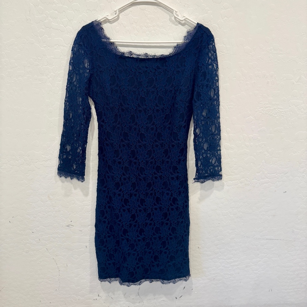 Joseph Ribkoff Lace Cocktail Dress Womens 10 Navy Blue Mini Long Sleeve Holiday